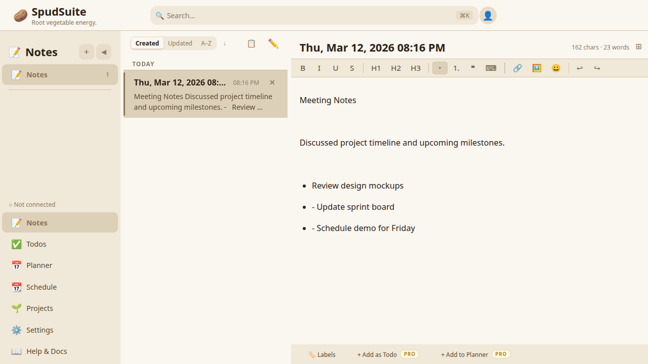 SpudSuite notes editor showing WYSIWYG editing