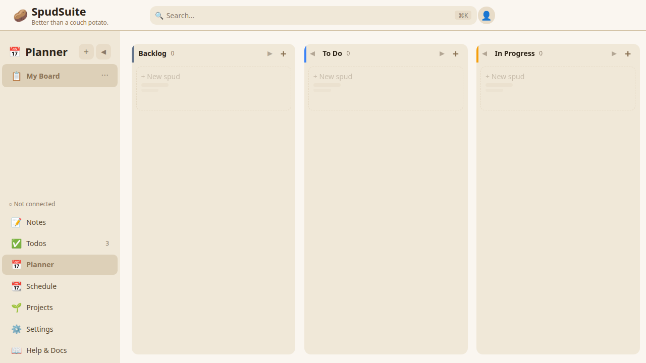 SpudSuite planner board with columns and cards